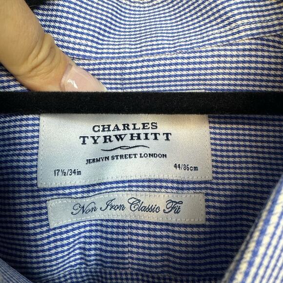 Charles Tyrwhitt Non Iron Classic Fit 17.5/34in Blue Houndstooth Dress Shirt - Picture 3 of 5